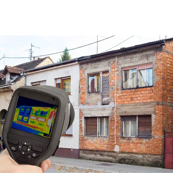 image of a thermal imaging camera aimed at a house
