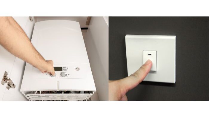 image showing combi boiler being switched off and a hand switching fuse spur off