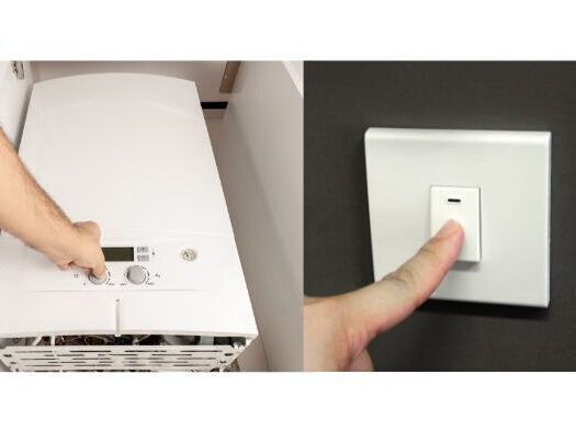image showing combi boiler being switched off and a hand switching fuse spur off
