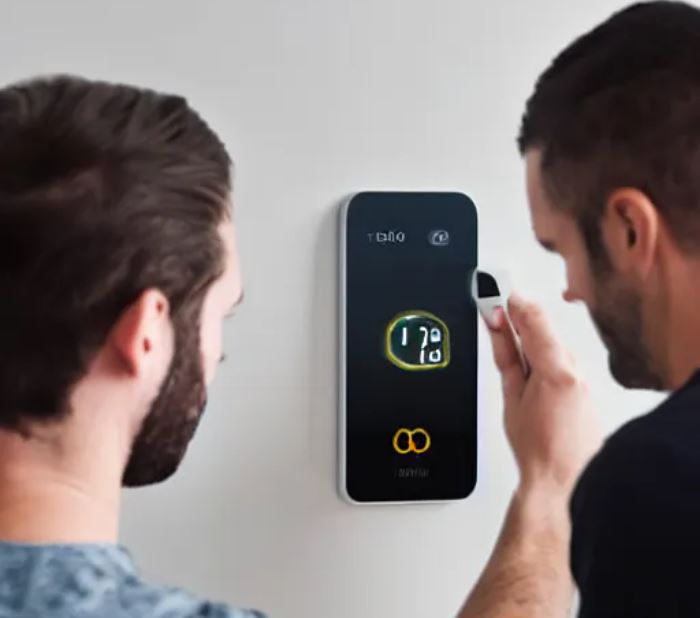 image of two men working a smart thermostat