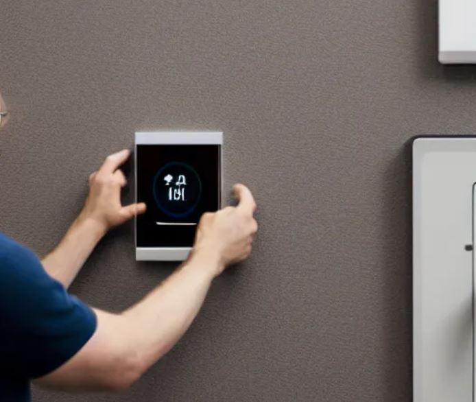 image of s smart thermostat being fixed on a wall